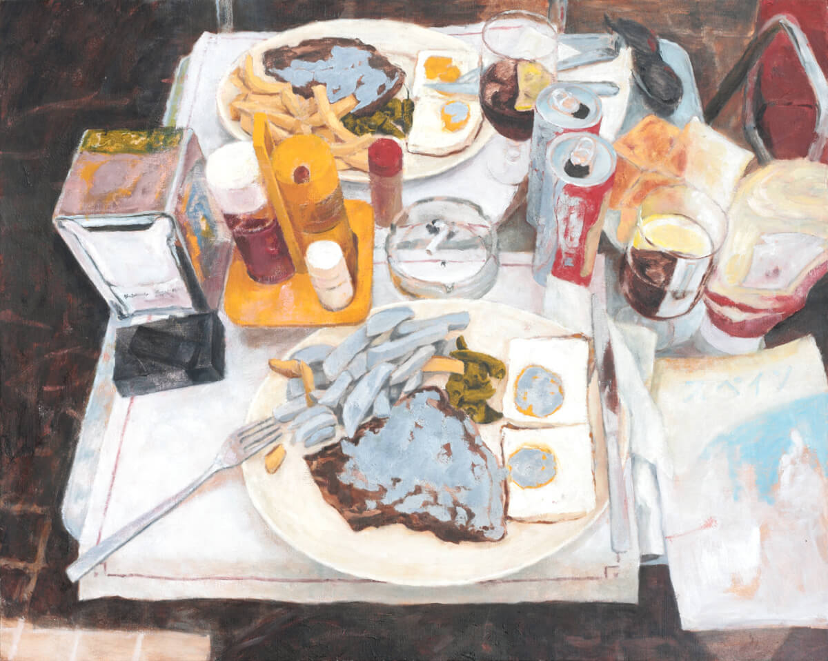 登場人物Aの心 「バルセロナの昼食 パラソルの下で」-The heart of Character A 「Lunch in Barcelona - Under a parasol」/0.73×0.91m - /Oil on canvas/2014
