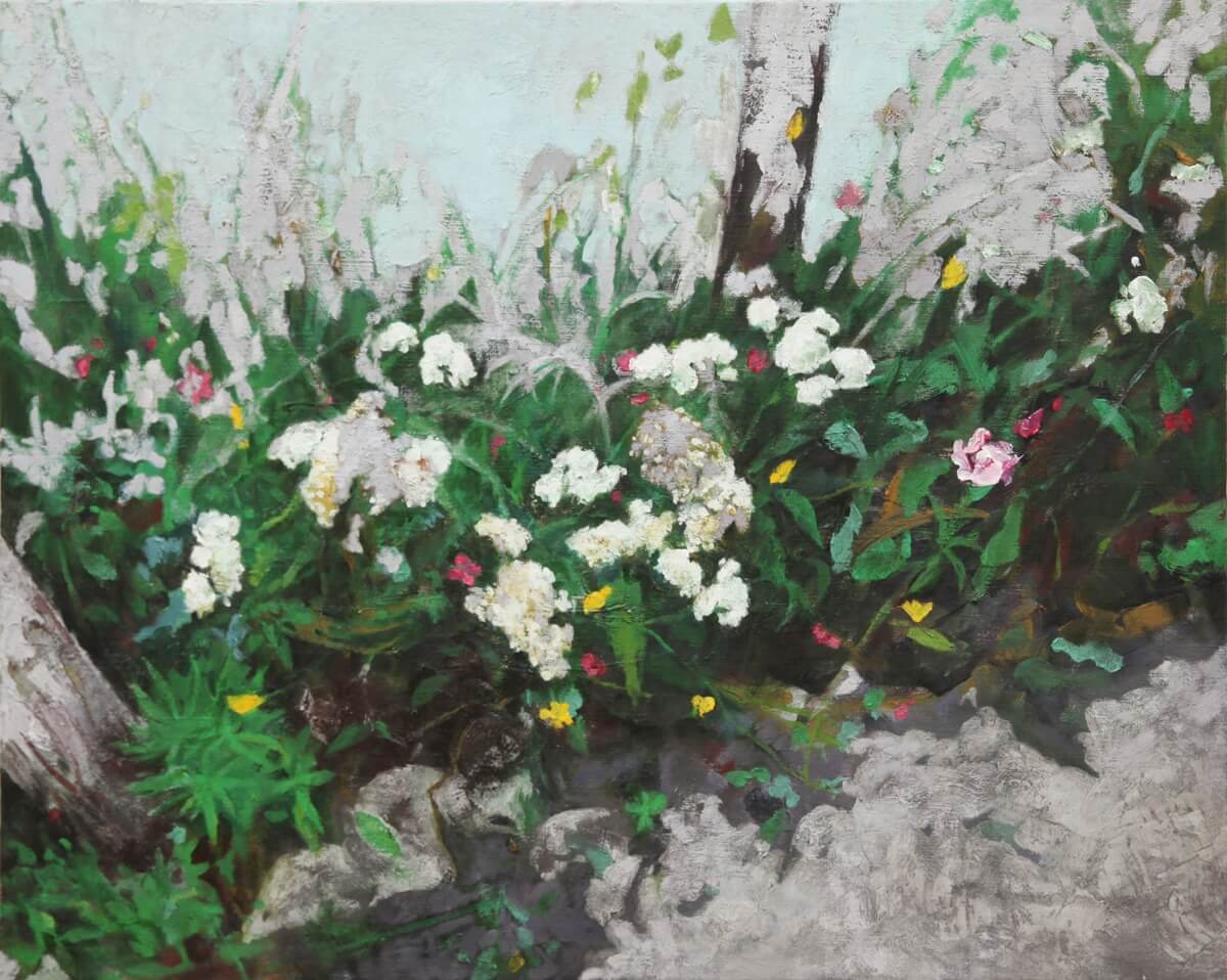 登場人物Dの心 「路上の花 道草を見つめる」-The heart of Character D 「Flowers on the street - to loiter on the road」/0.73×0.91m/Oil on canvas/2013 -