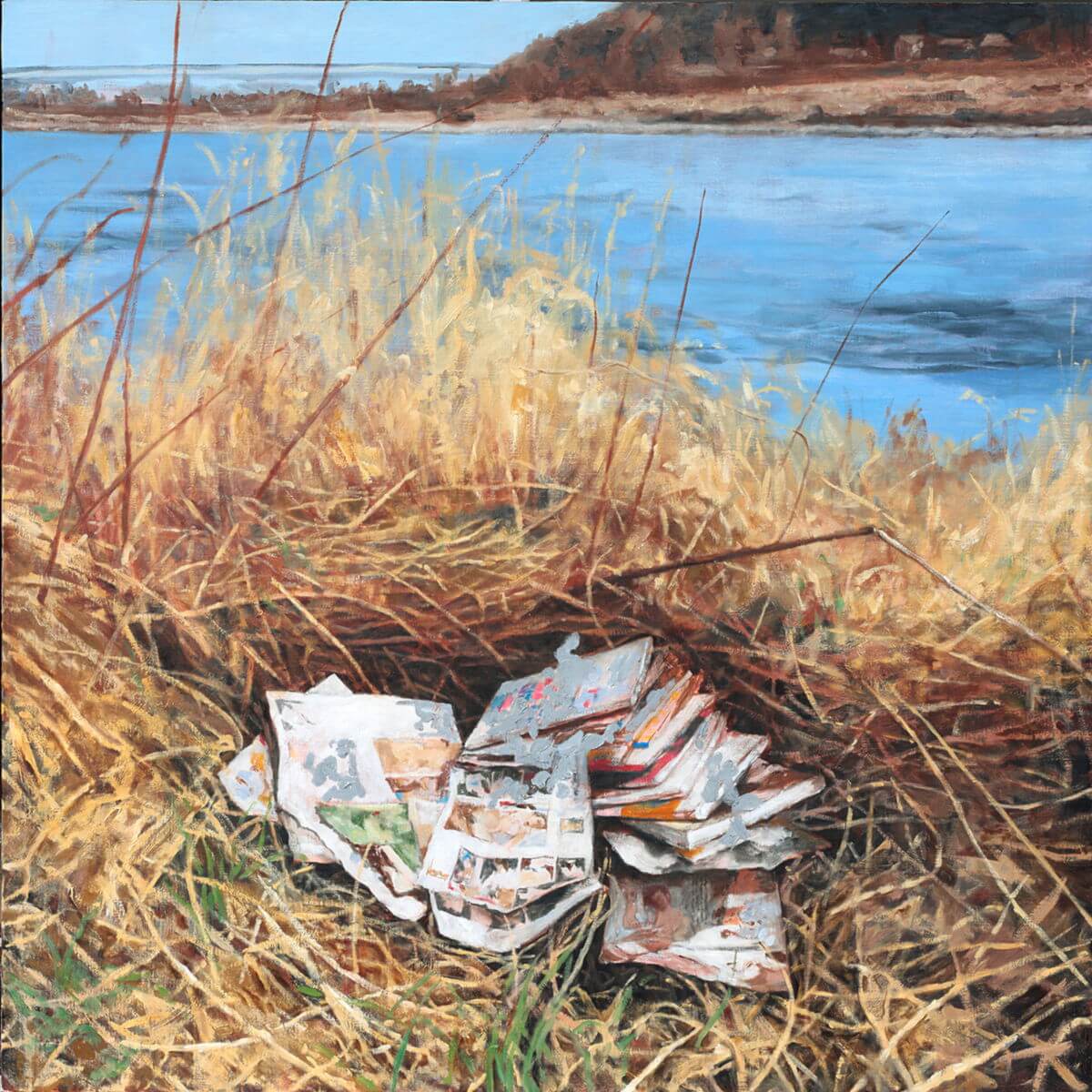 登場人物Eの心 「河川敷のポルノ 日常の隙間」-The heart of Character E 「Pornography in a dry riverbed - An everyday crevice」/1.17×1.17m - /Oil on canvas/2014
