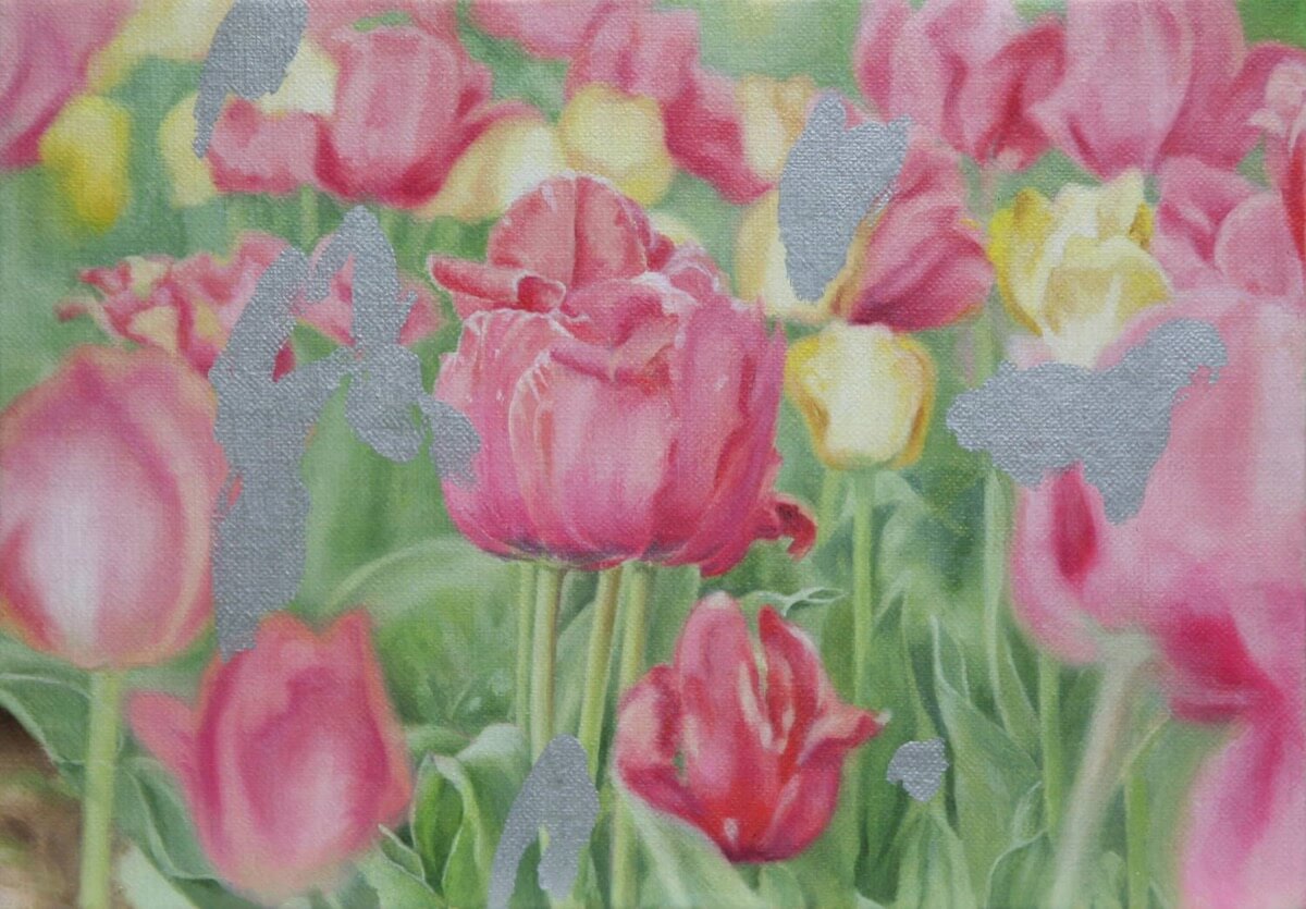 シルバーの在るチューリップ-Tulips in which blue exists/190x273mm/Oil on canvas/2018